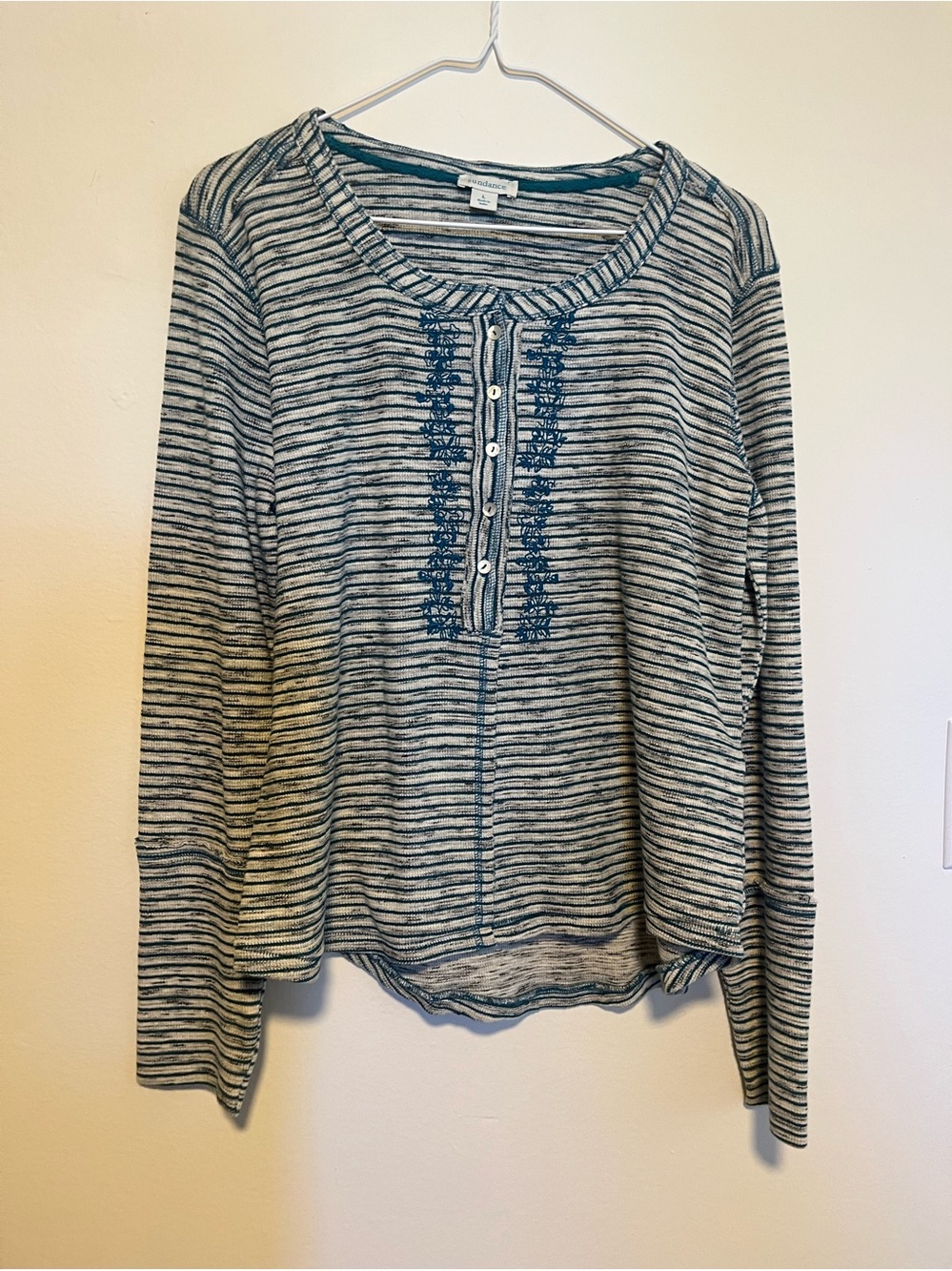Striped Henley Long-Sleeve Top in teal and White